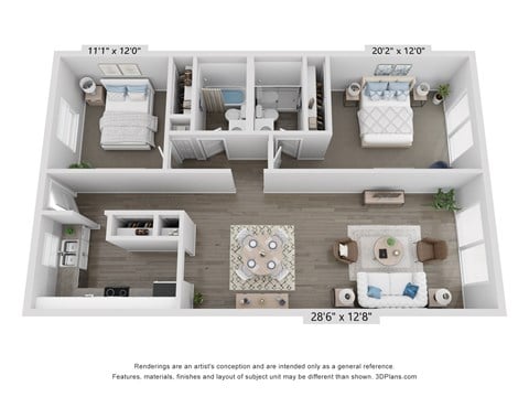 Floor plan for 2 beds, 2 baths, 1302 sqft